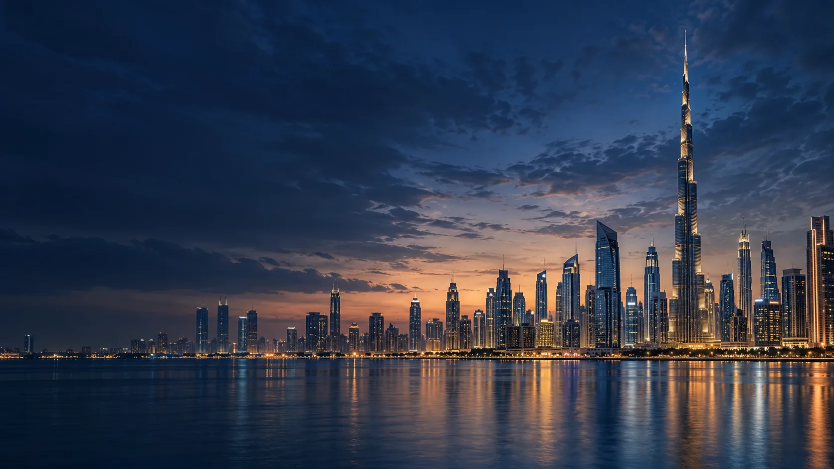 Illustrative Dubai skyline at dusk, with the Burj Khalifa above the waterfront
