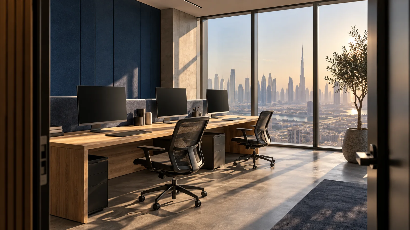 Illustrative office concept: a quiet software studio with oak workstations and floor-to-ceiling windows overlooking a city