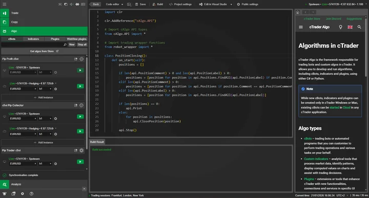 Official cTrader Algo development workspace with a code editor and cBot project navigation
